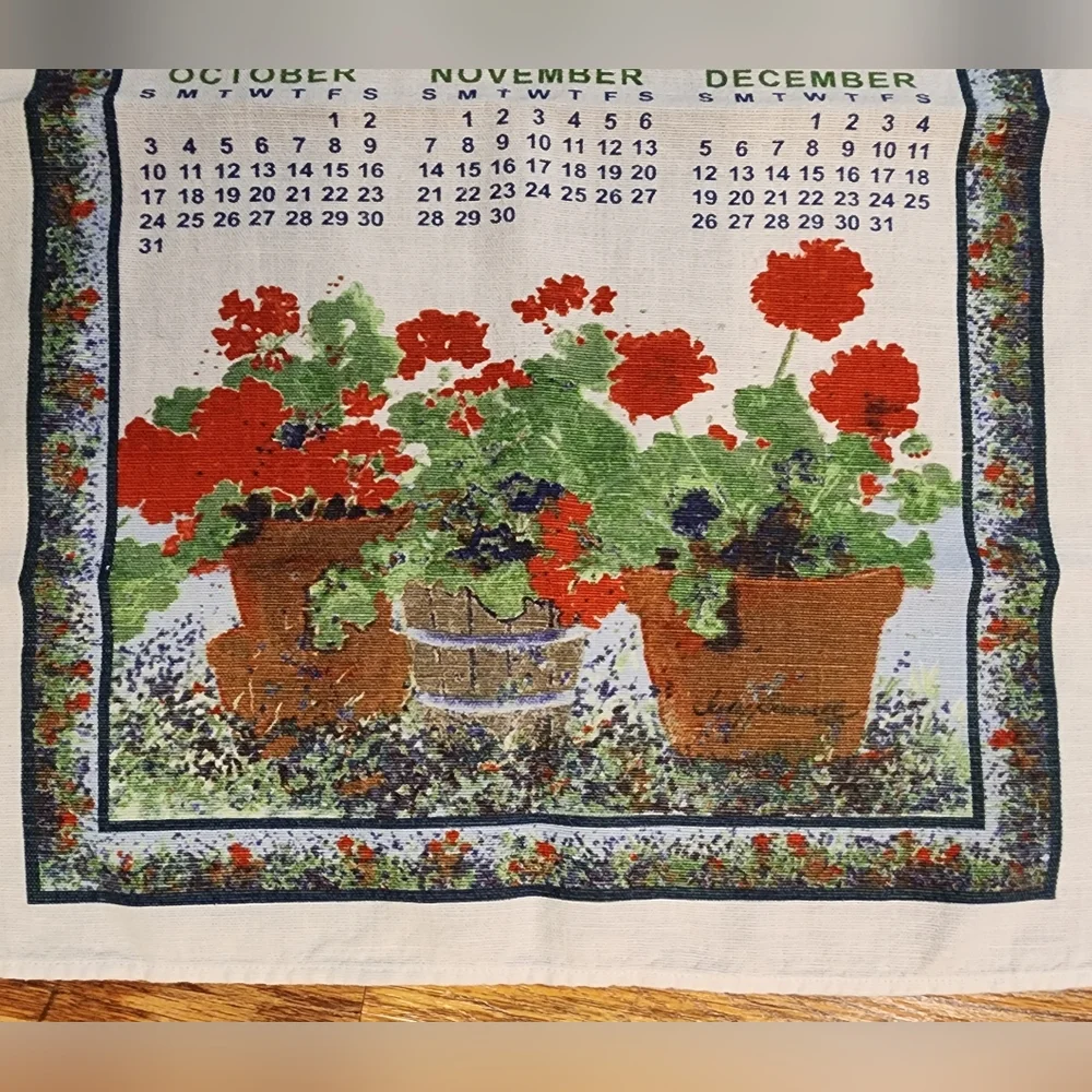 Vintage Collectible Set of 2 Calendar Linen Tea Towels 2004 & 2005 Red Flowers